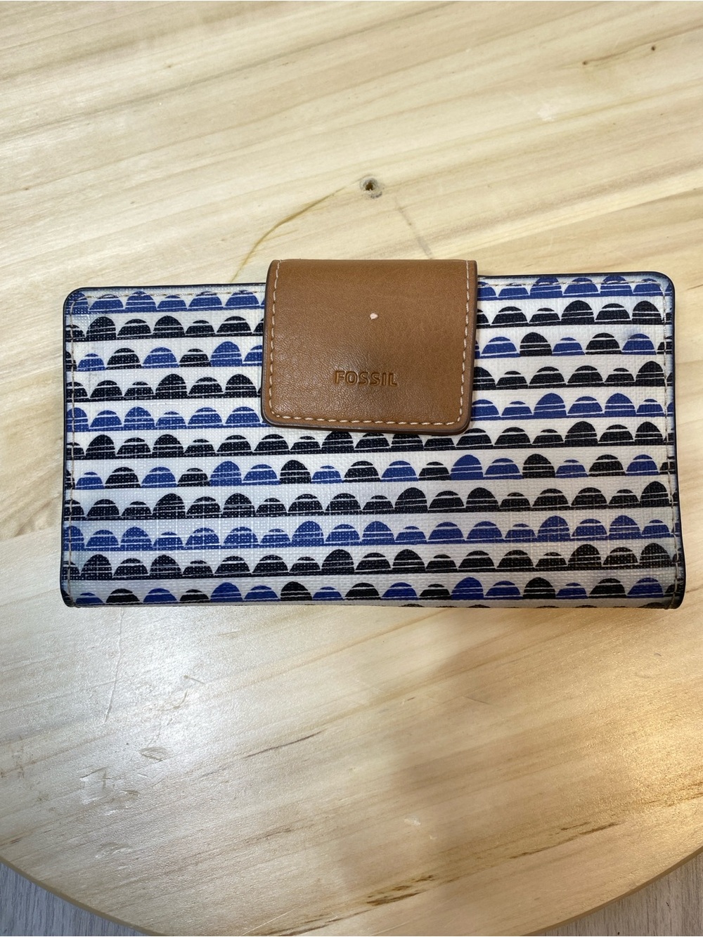 Fossil Blue White Geometric Arc Coated Canvas Trifold Wallet Brown Leather Trim